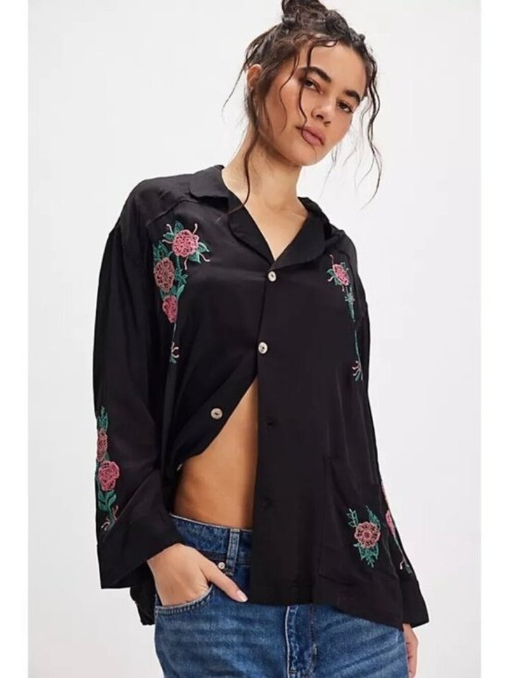 🛍 Free People The Tales Rose Garden Button-Down Shirt Black Size S